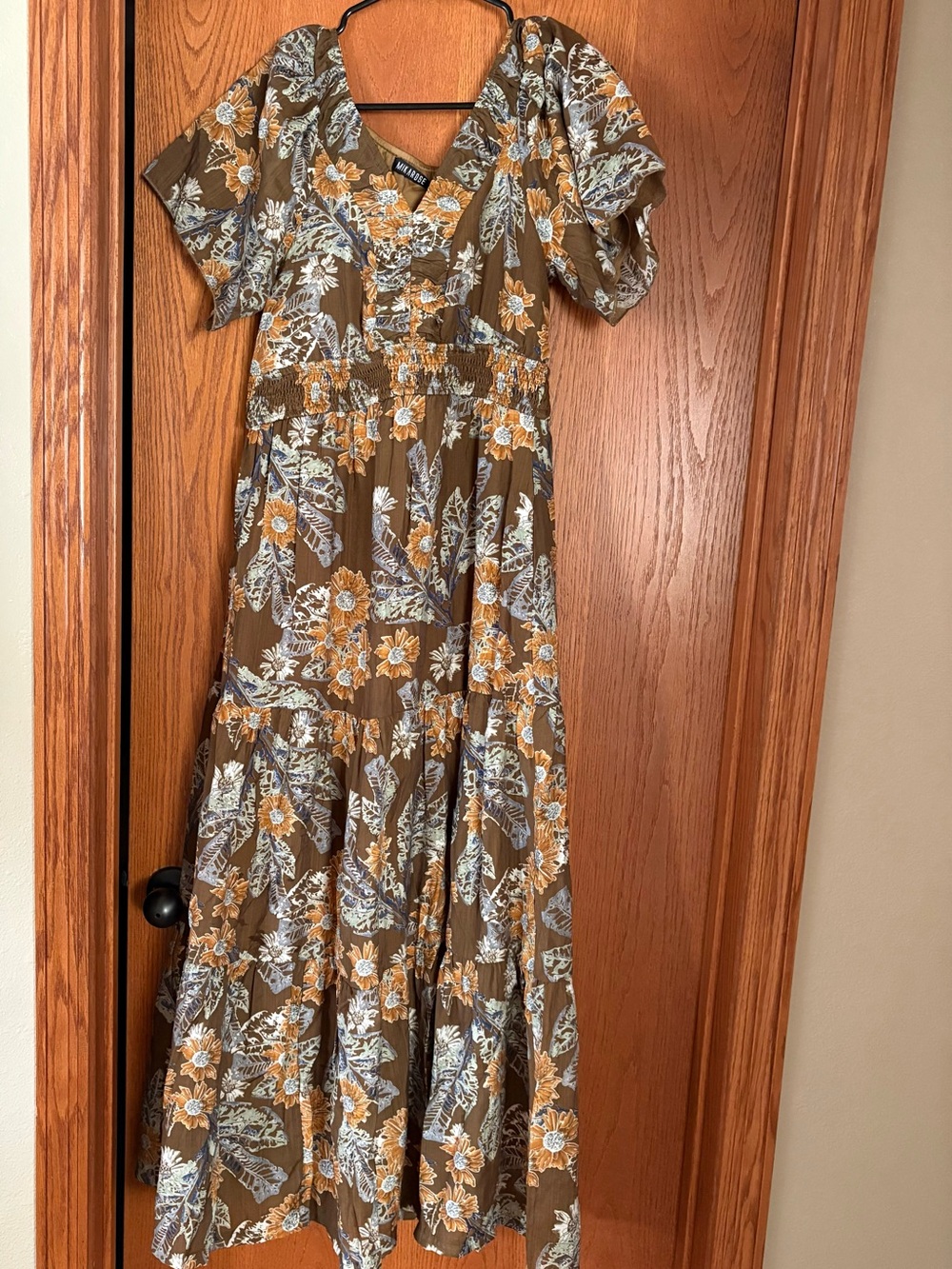 Mikarose Brown Maxi Dress with Orange and Pale Blue Floral Print